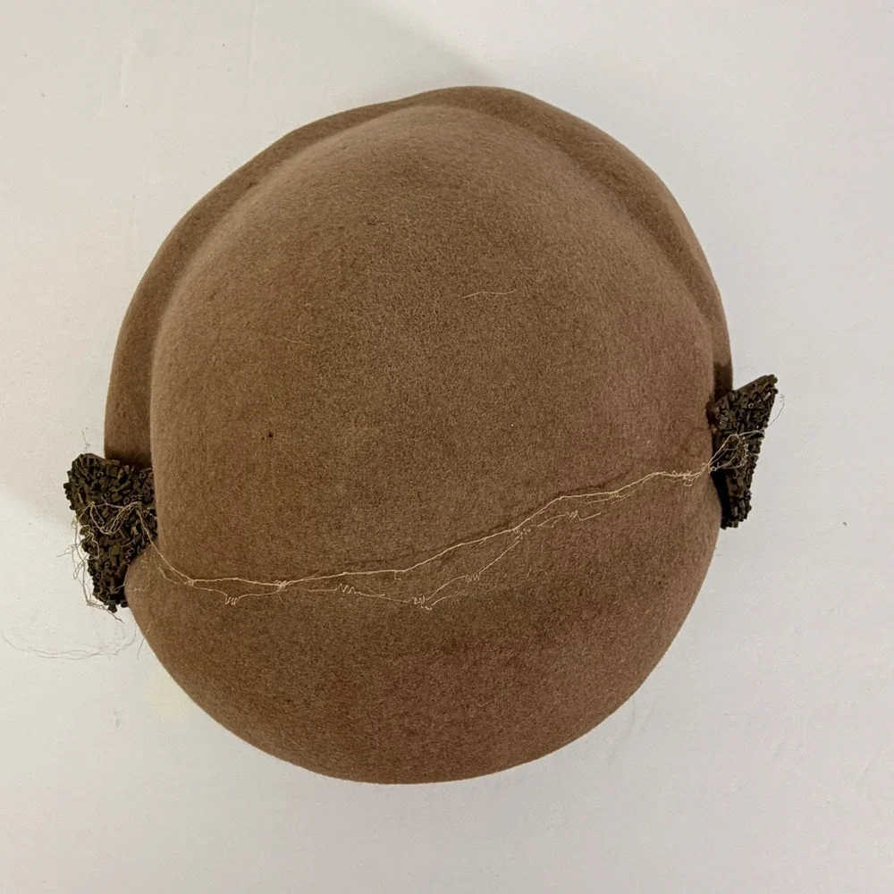 Vintage Brown Felt Pillbox Hat Bronze Beaded Trim Fascinator Cocktail Church